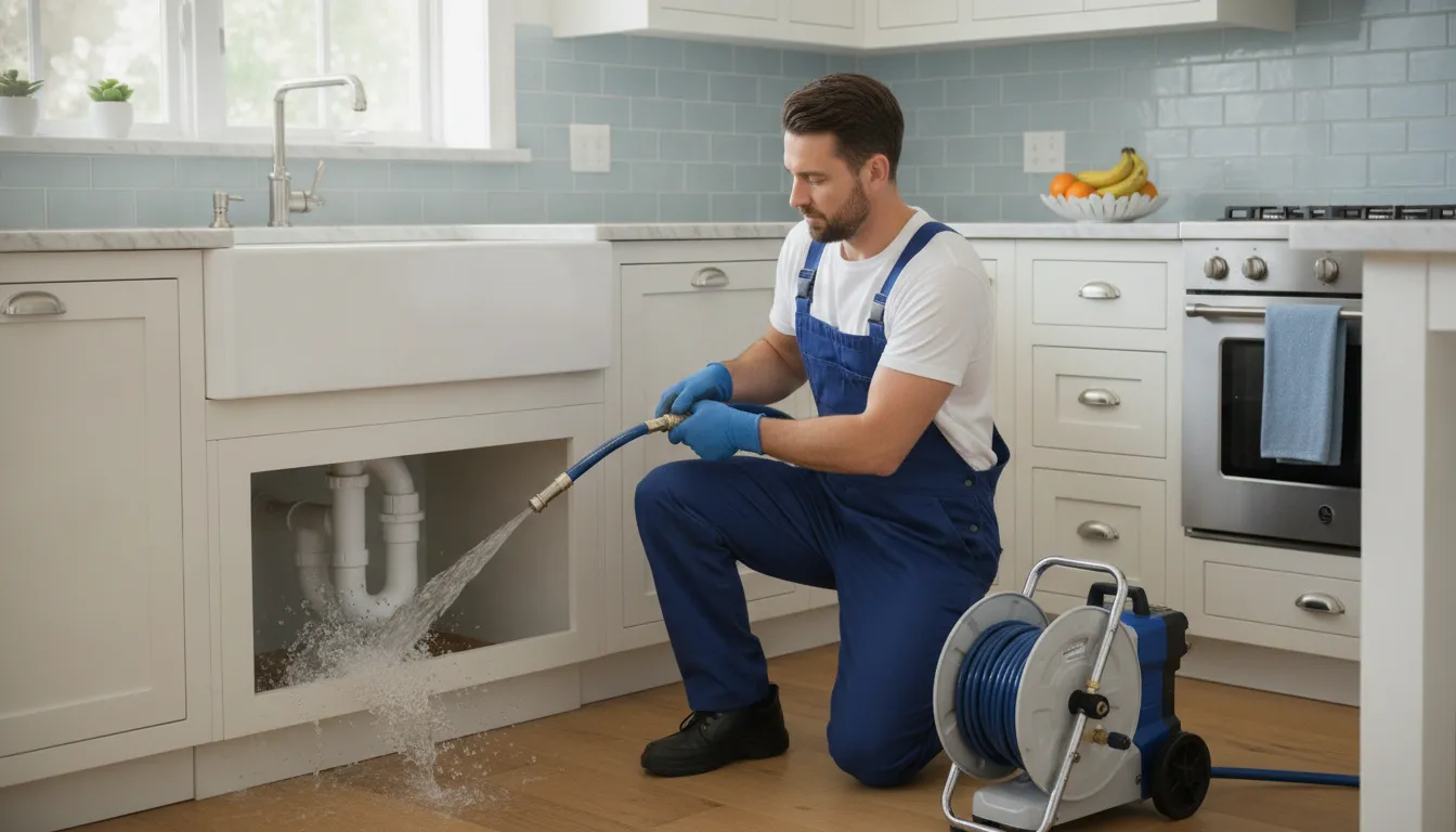Professional plumber clearing a kitchen drain line with hydro-jetting equipment