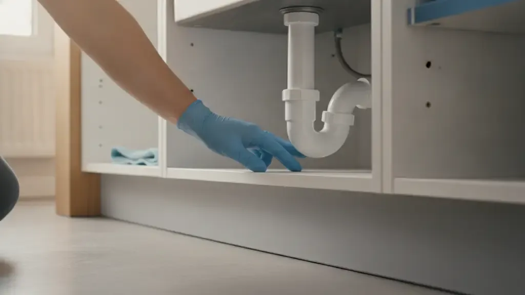Gloved hand checking the drain trap under a sink.