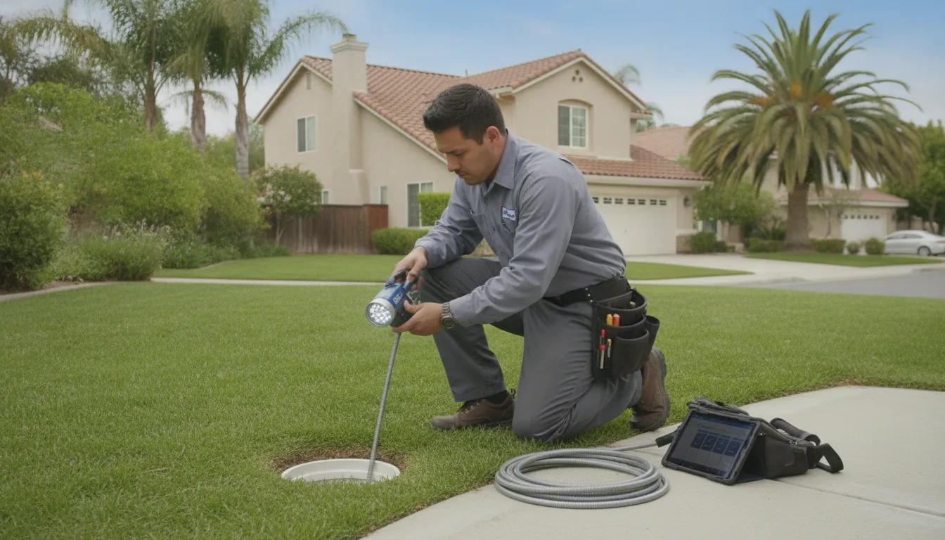 Plumber using a sewer inspection camera at a residential cleanout in Irvine