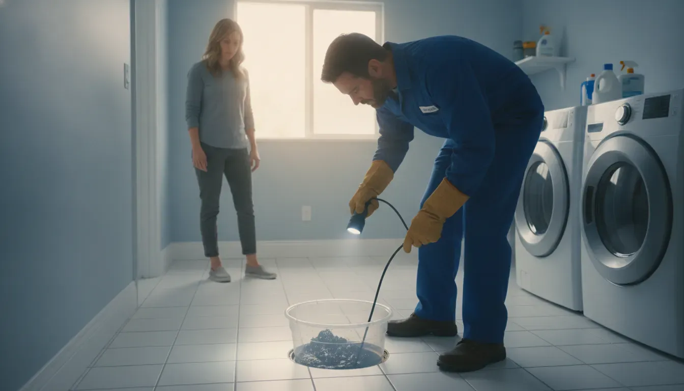 Plumber inspecting a sewage backup near a floor drain in an Irvine home
