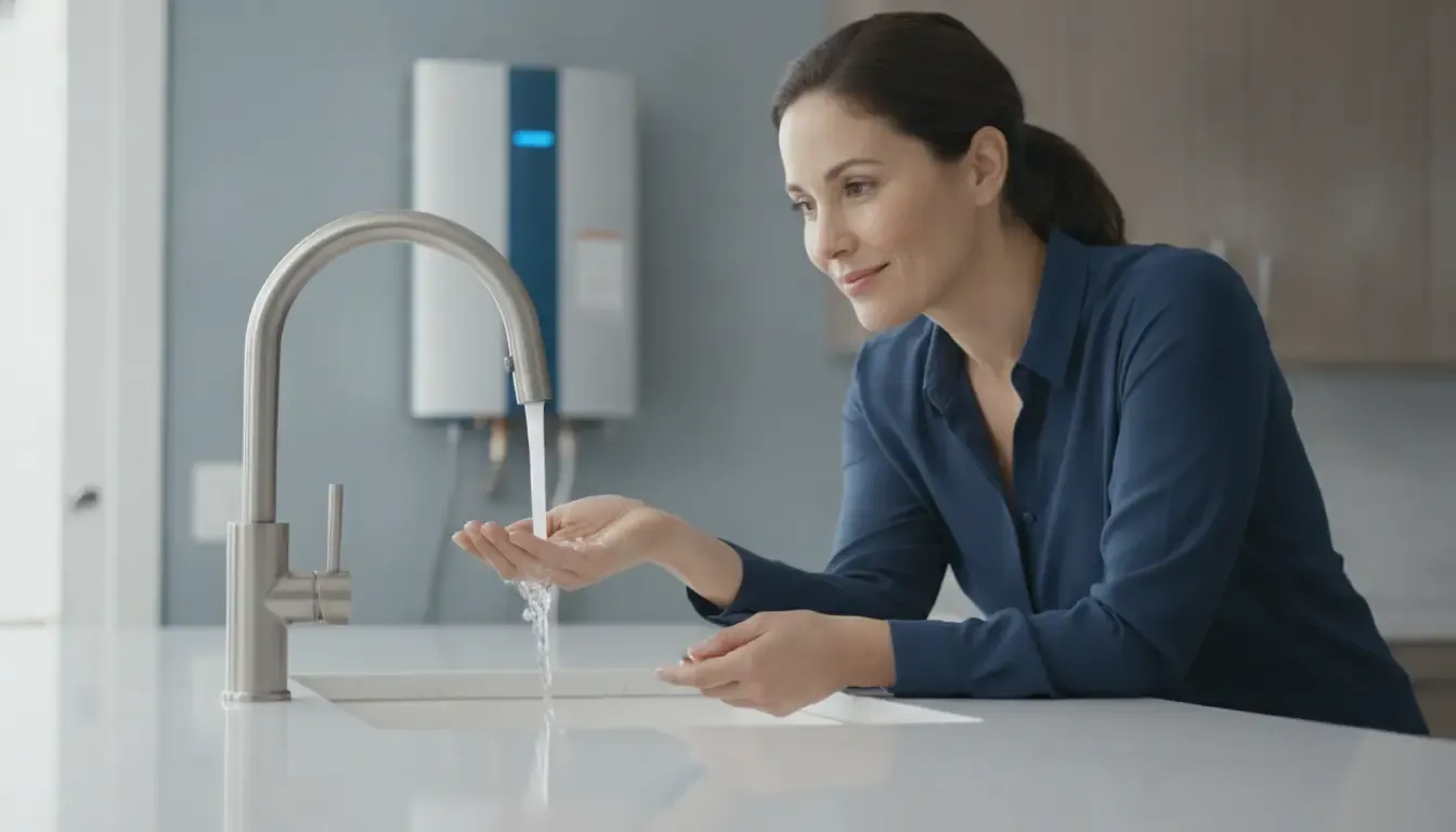 Homeowner checking water flow while a tankless water heater runs