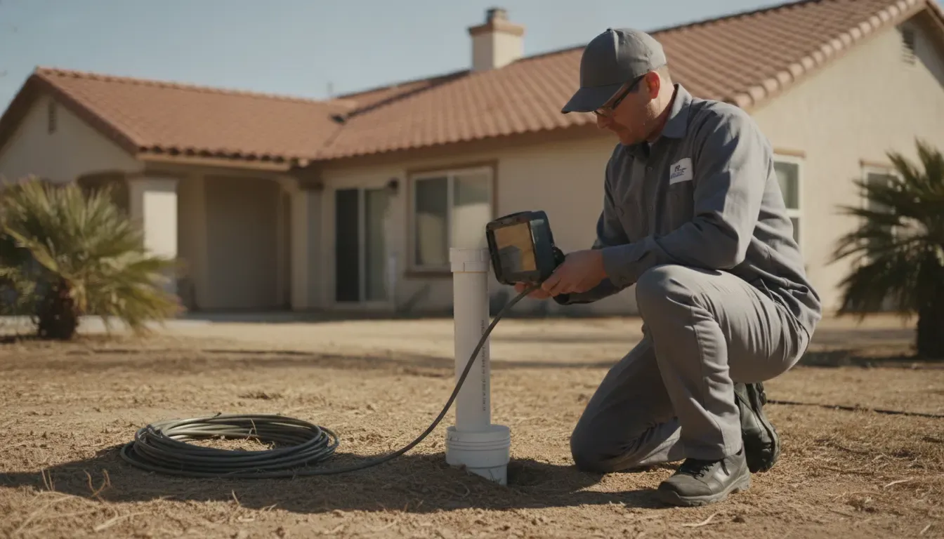 Plumber reviewing a sewer camera inspection near a Costa Mesa home