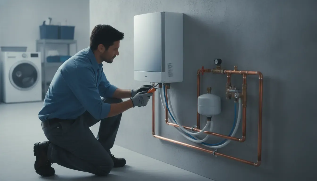 Plumbing technician checking a tankless water heater during Anaheim water heater repair