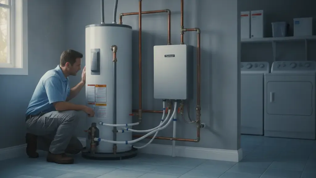 Wish Granted Plumbing technician comparing a tank and tankless water heater
