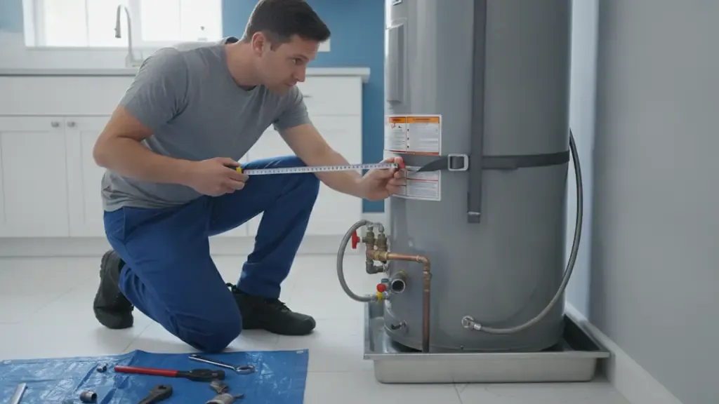 Plumber measuring water heater space and checking a safety pan