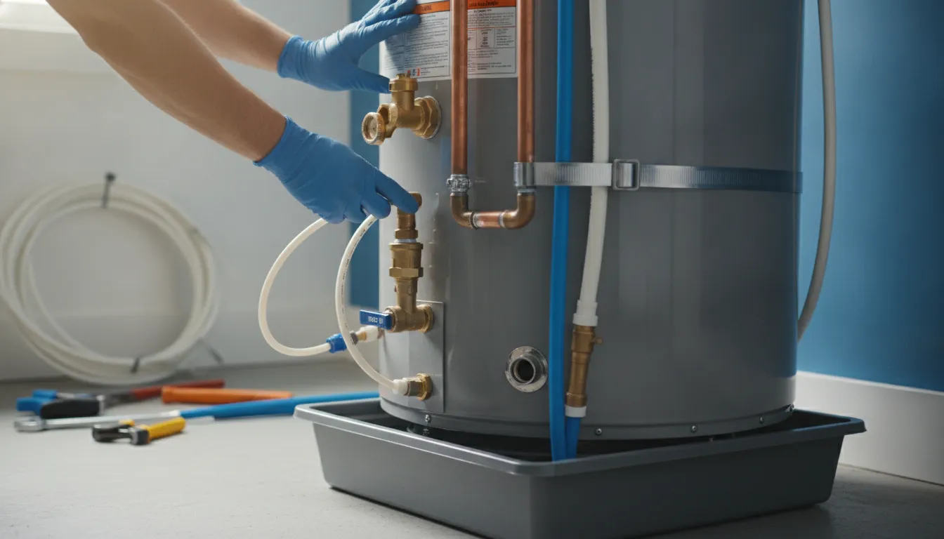Close view of a plumber checking water heater safety valves and pipe connections