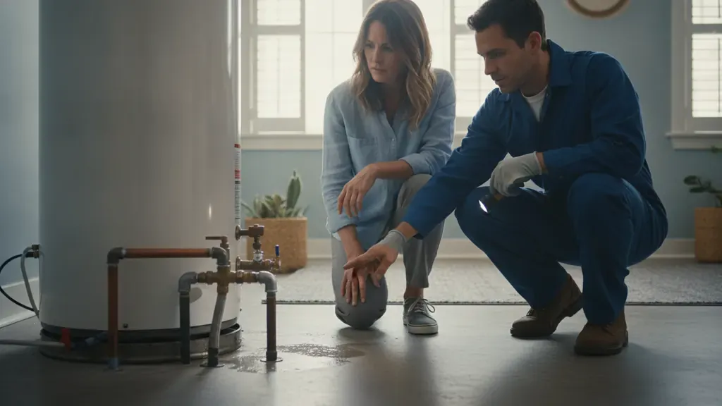 Homeowner and plumber checking a visible water heater leak before repair
