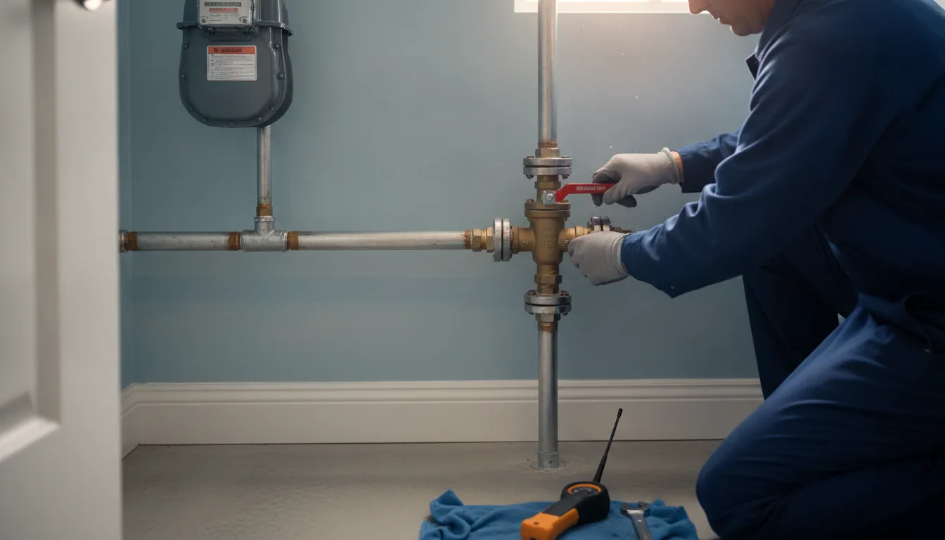 Plumber inspecting an exposed gas line and shutoff valve in a Los Alamitos home