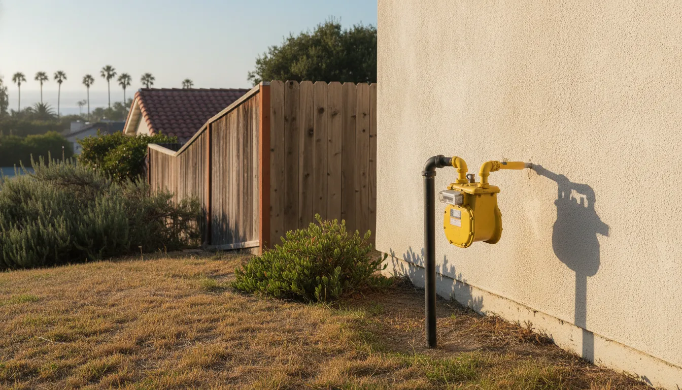 Outdoor residential gas meter and piping beside a stucco Orange County home