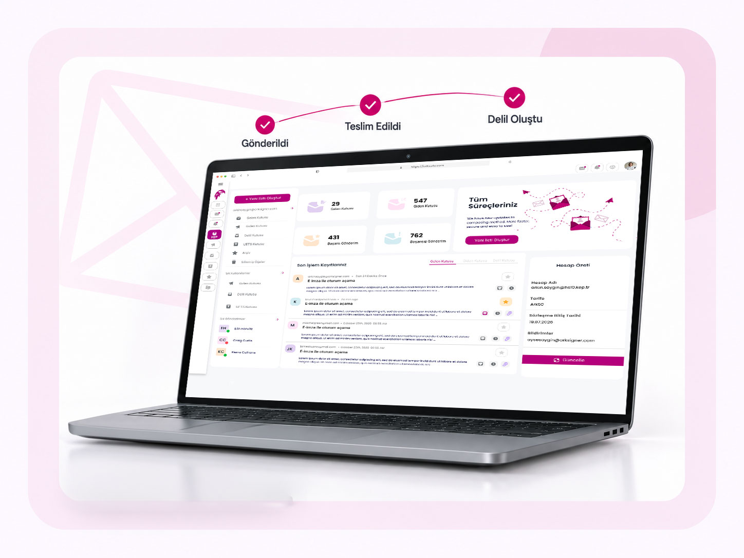 ArkKEP web posta arayüzünde delil oluşturulmuş bir ileti