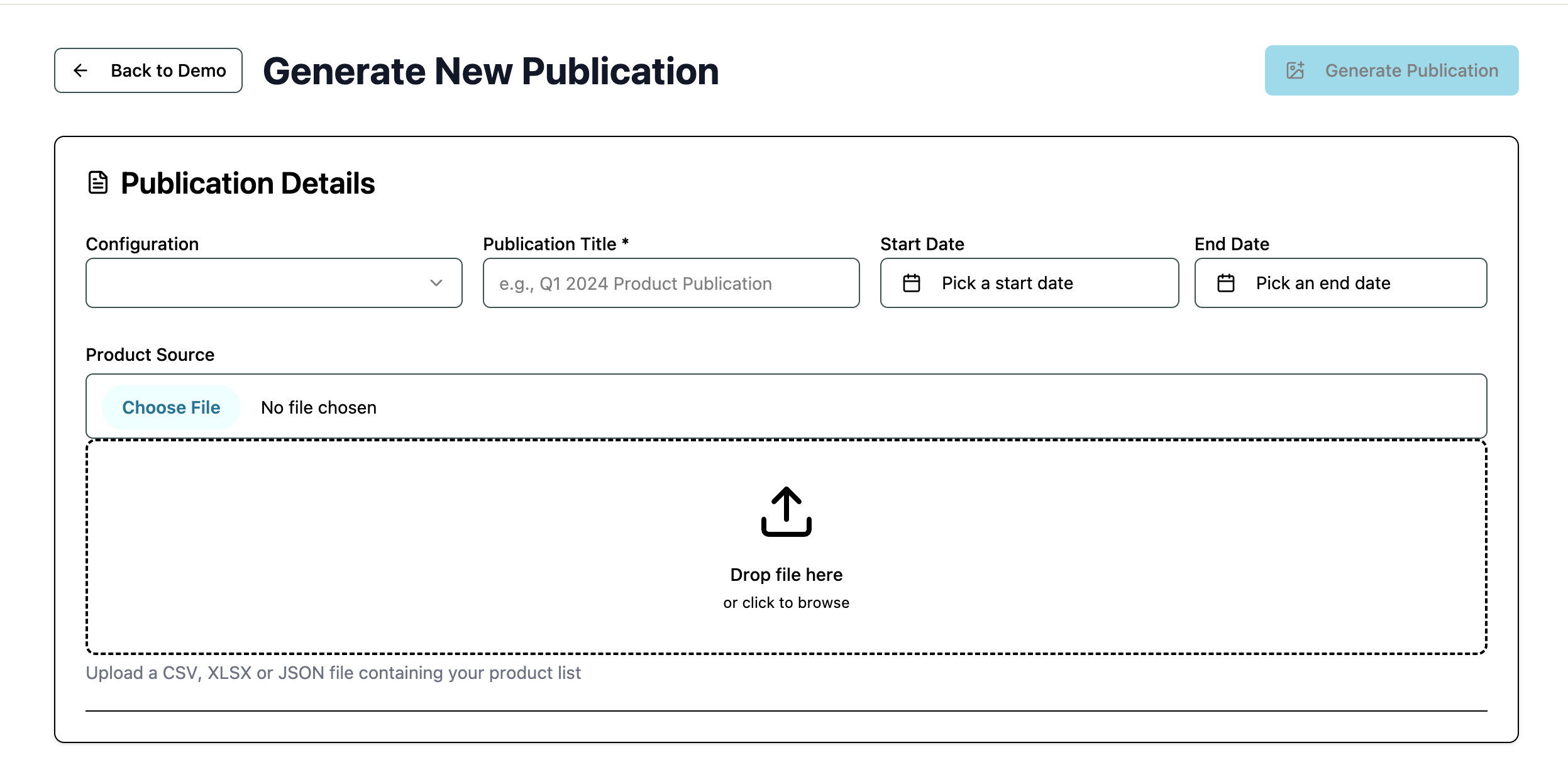 Katalyx page that allows users to upload their promo file
