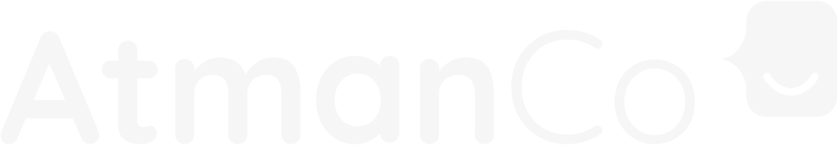 AtmanCo logo with stylized text and a smiling face icon in a rounded square.
