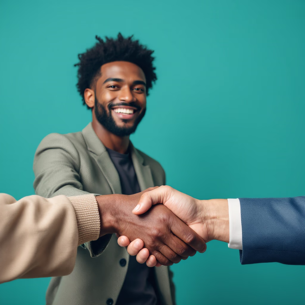[headshot] image of satisfied customer shaking hands with company representative (for a fintech company)