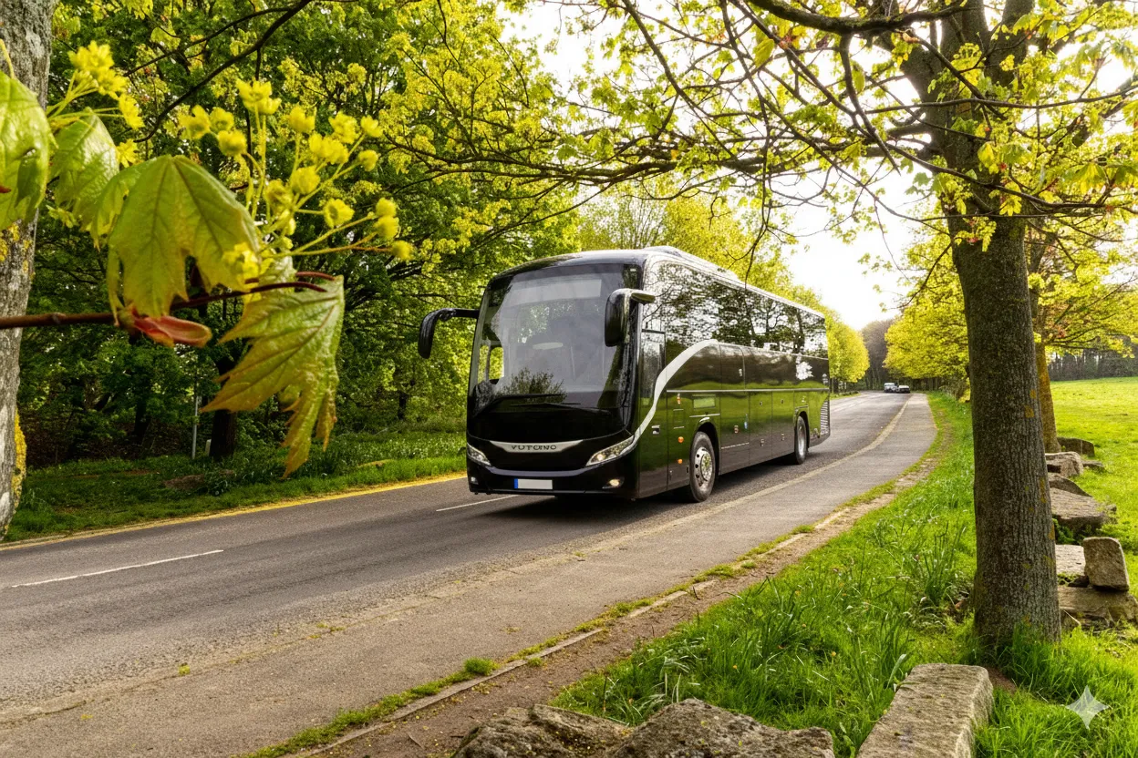 Black and white coach bus driving on a tree-lined road in spring with green grass and yellow flowers.