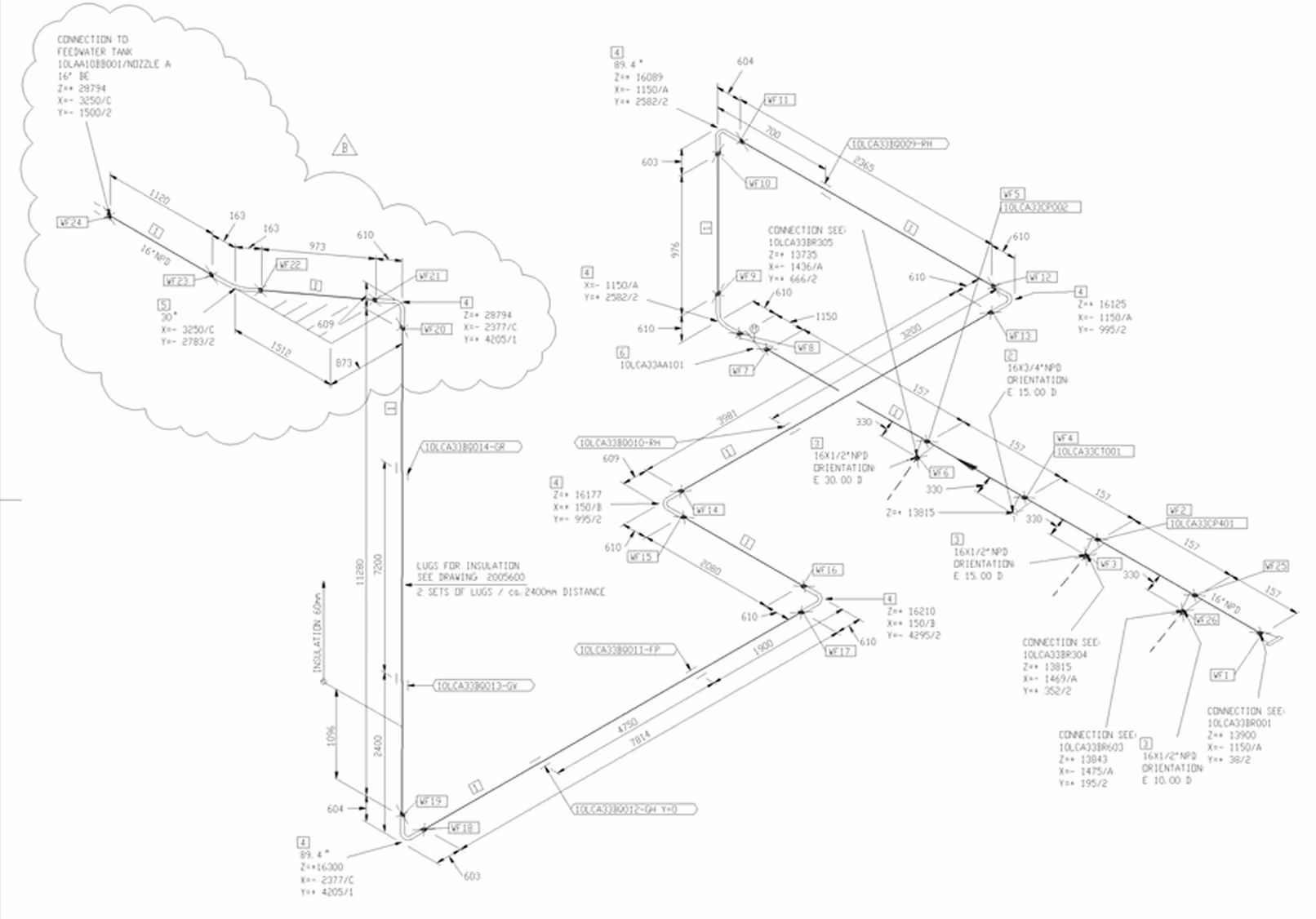 Technische Rohrleitungsbauzeichnung mit Abmessungen, Rohrleitungen, Verbindungen und Beschriftungen.