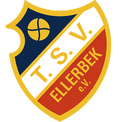 Wappen des T.S.V. Ellerbek Sportvereins mit blauem, weißem und rotem Farbschema.