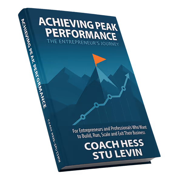 Book titled 'Achieving Peak Performance: The Entrepreneur's Journey' by Coach Hess Stu Levin with a mountain and growth chart design on the cover.