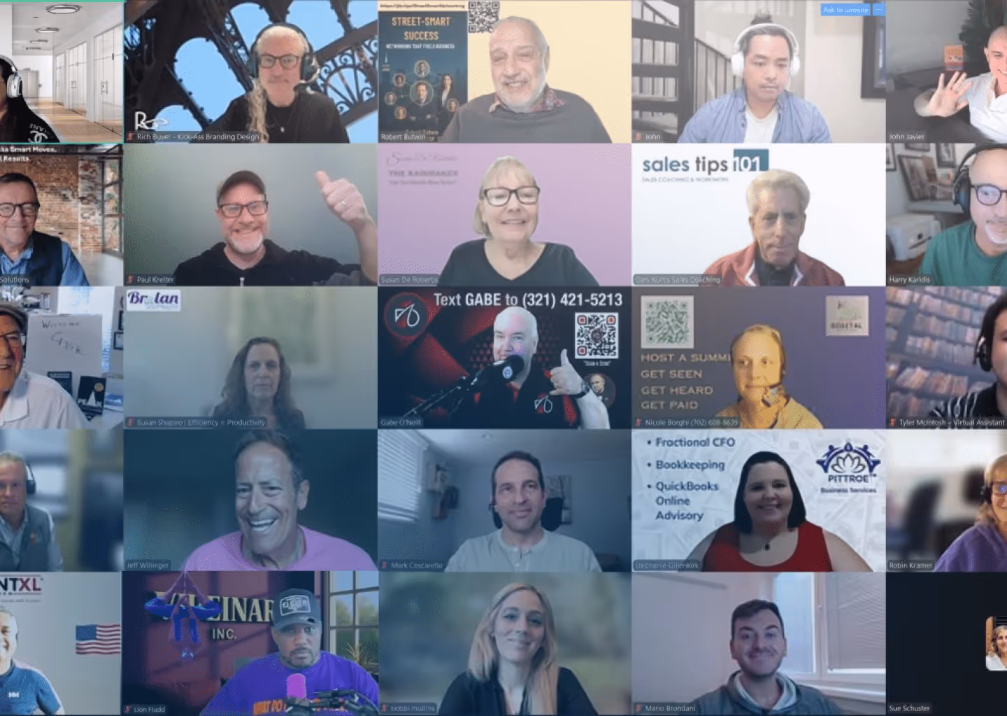 Grid of people participating in a video conference call, some with branded or themed virtual backgrounds.