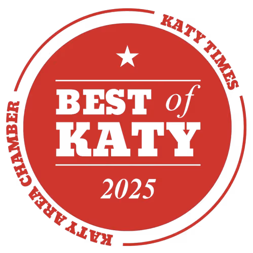 Red circular badge with text 'Best of Katy 2025' and 'Katy Times Katy Area Chamber' around the edges and a star at the top.