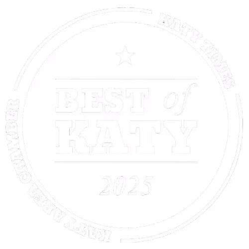 Black and white circular badge with text: 'Best of Katy 2025' and 'Katy Area Chamber of Commerce' around the edge with a star above the main text.