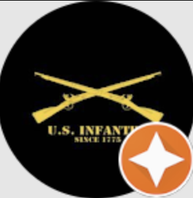U.S. Infantry logo with crossed yellow rifles above the text 'U.S. INFANTRY SINCE 1775' on a black circular background, and an orange star badge overlapping the bottom right.