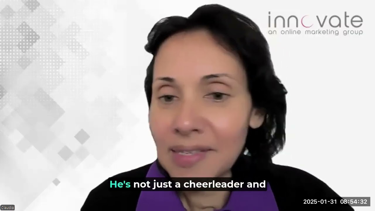 Woman with short dark hair speaking during a video call with 'innovate an online marketing group' logo and caption 'He's not just a cheerleader and'.