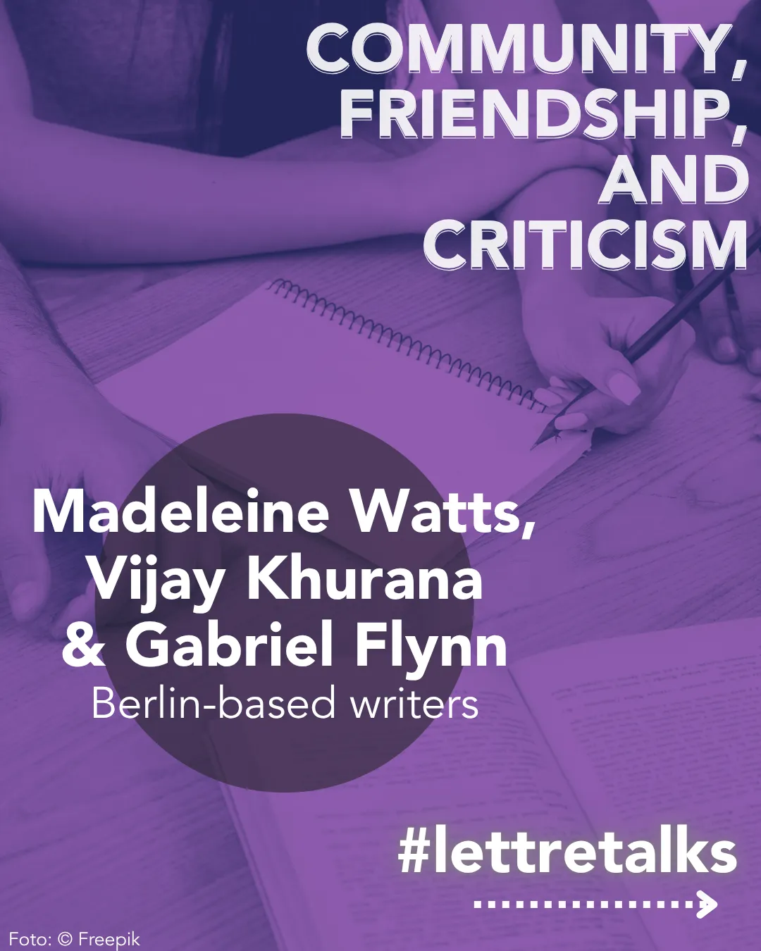 Close-up of hands of several people sitting around a table. One hand holds a pen over a notepad.