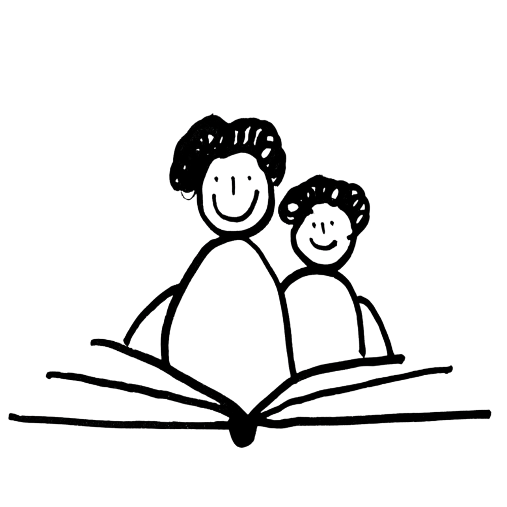 Strickzeichnung von einem Vater und einem Kind, die in ein aufgeschlagenes Buch gucken