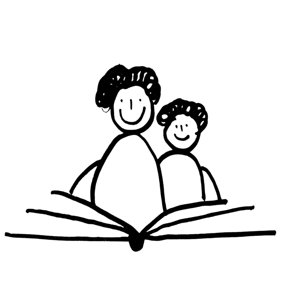 Strickzeichnung von einem Vater und einem Kind, die in ein aufgeschlagenes Buch gucken