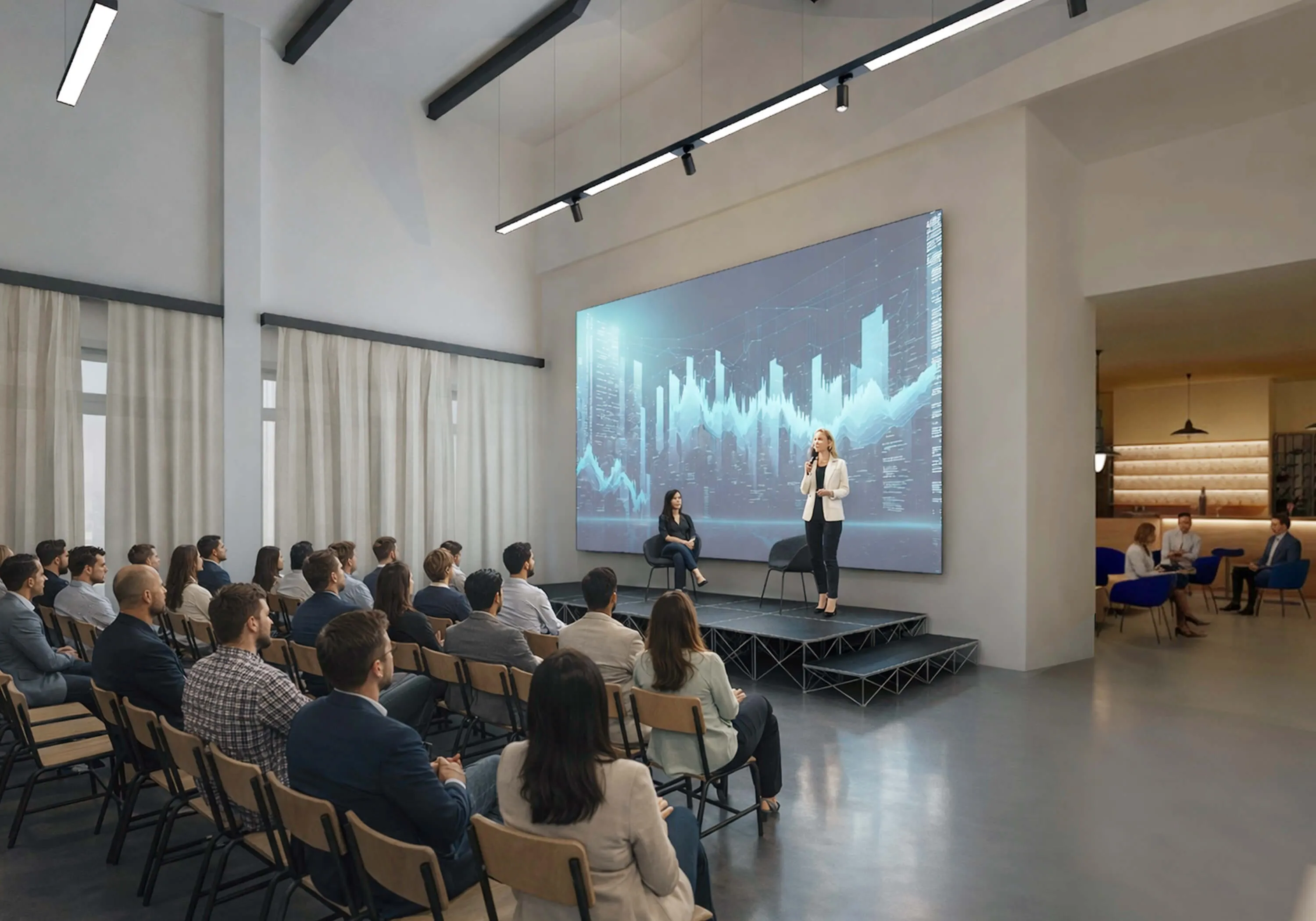 Viele Menschen sitzen in Stuhlreihen mit Blick auf eine große Bühne in einem Veranstaltungssaal.