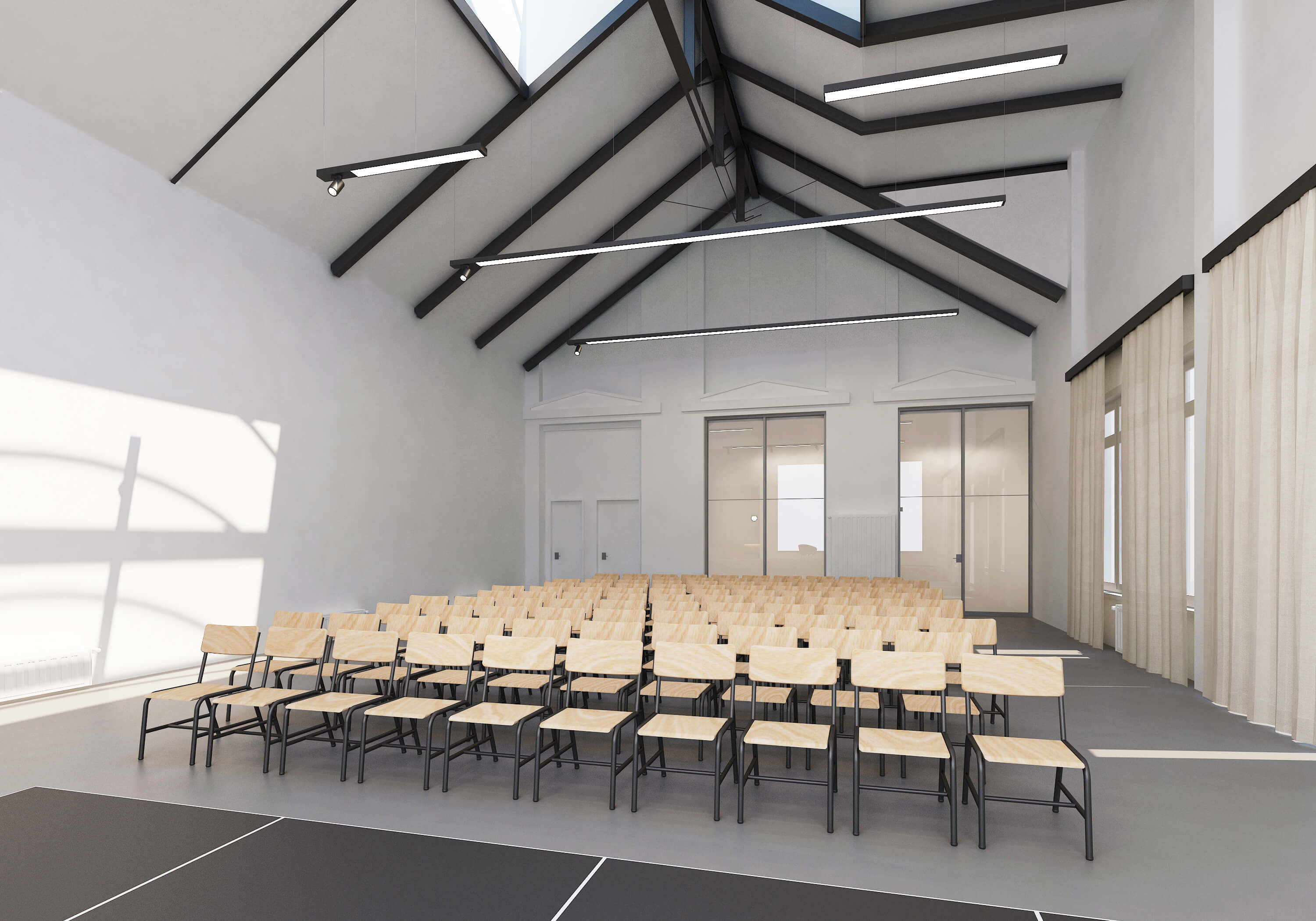 Veranstaltungssaal mit vielen leeren Stuhlreihen