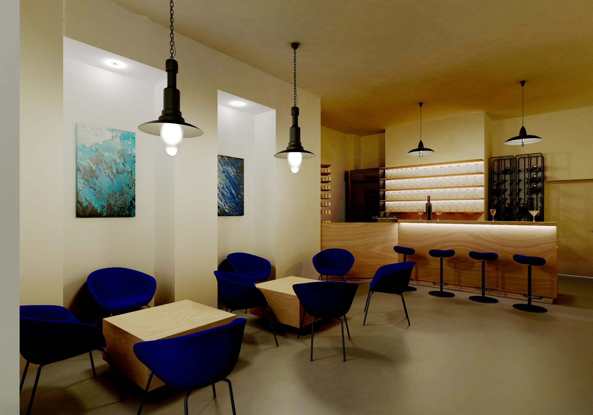 Barbereich mit blauen Loungemöbeln