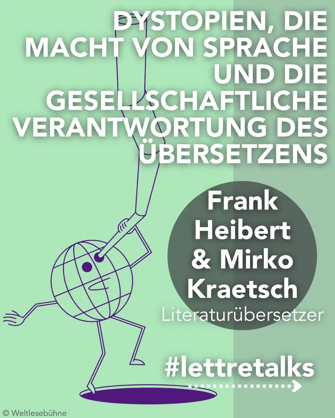 Antropomorphe Weltkugel, die durch ein Fernrohr blickt, und der Text: "Dystopien, die Macht von Sprache und die gesellschaftliche Verantwortung des Übersetzens: Frank Heibert & Mirko Kraetsch, Übersetzer #lettretalks"