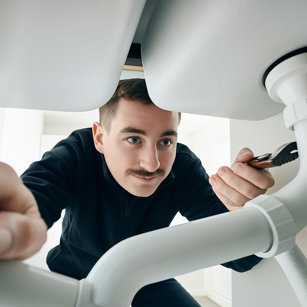 A plumber working underneath a sink.