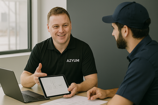 Ben Rayner consulting with another plumber.