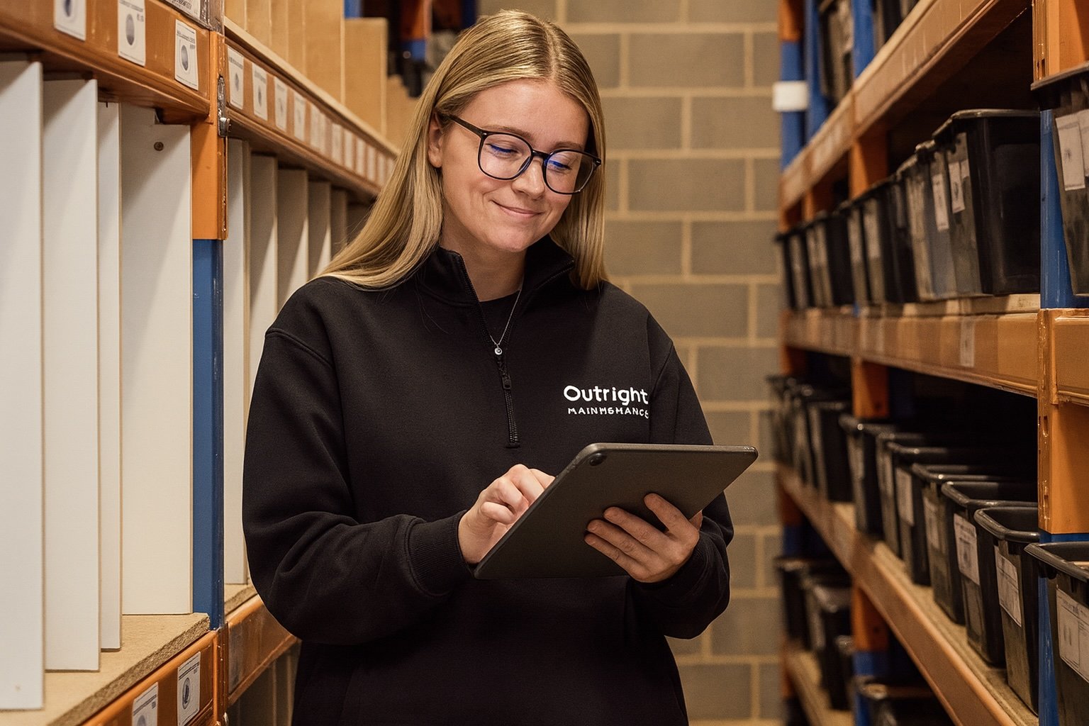 Senior team member checking stock in a warehouse.
