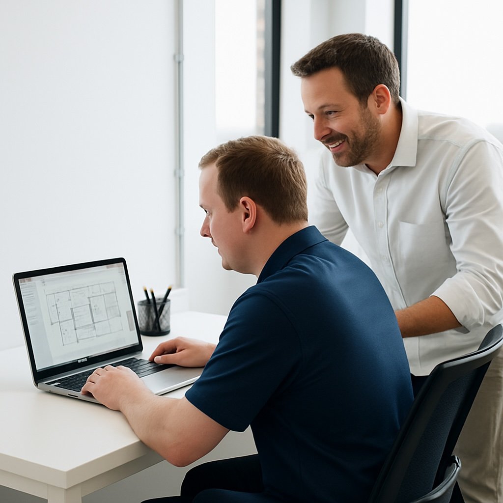 Senior estimator reviewing a design with a client.