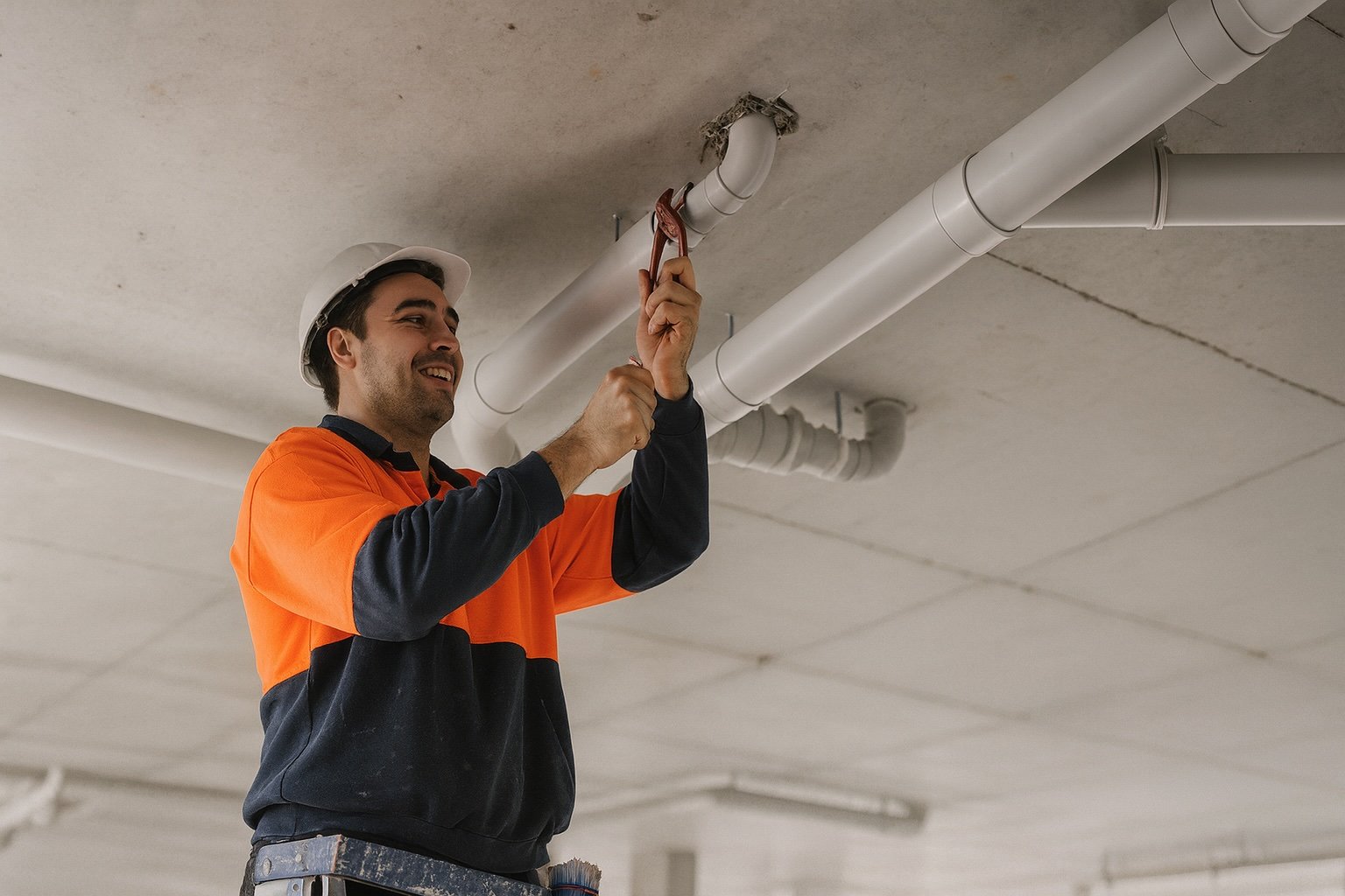 A plumber installing pipes in a roof.