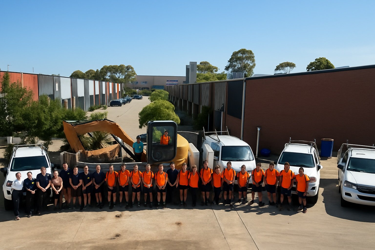 Outright Plumbing Team in front of a warehouse.
