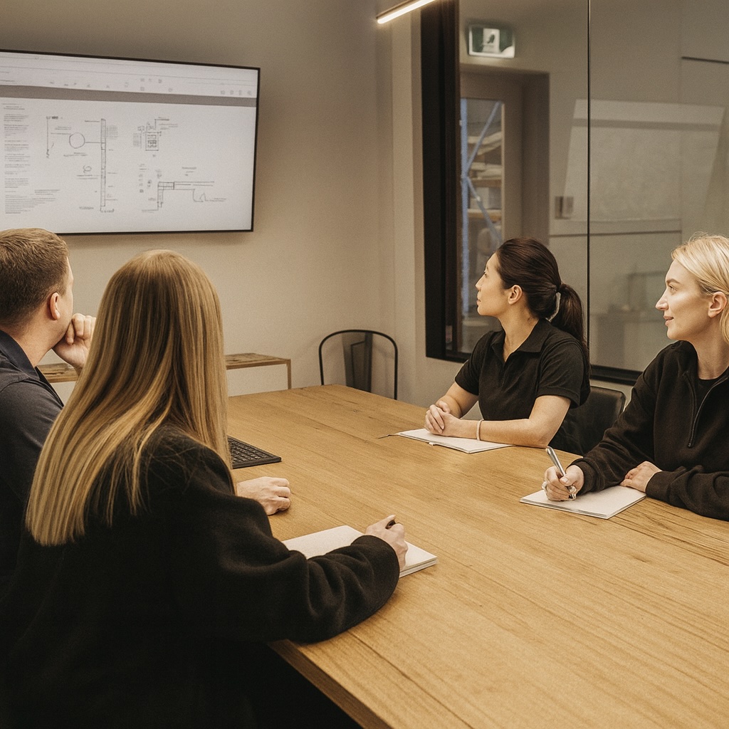 Outright Team reviewing designs.