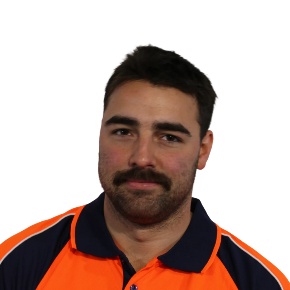 Man with dark hair and mustache wearing a high-visibility orange and navy collared shirt.