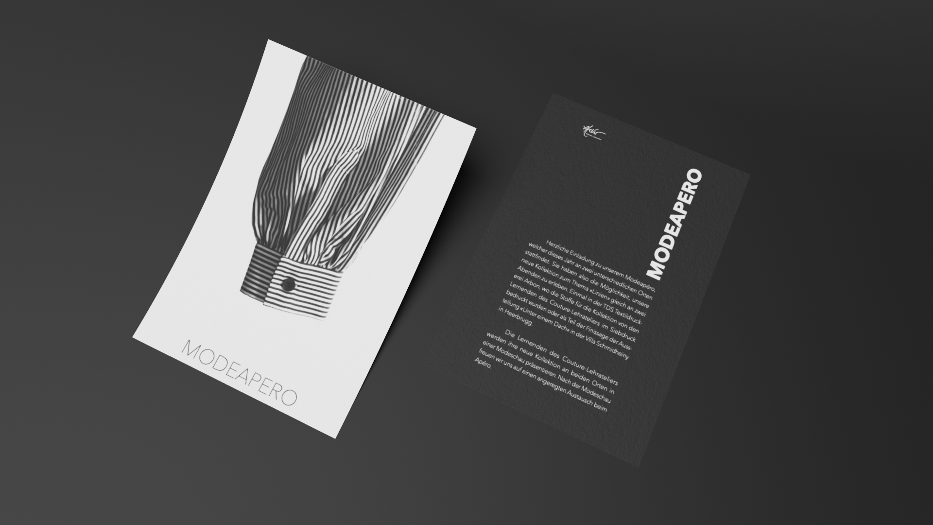 Two angled invitation cards for Modeapero; one with a striped shirt cuff illustration and the other with event details in German text.