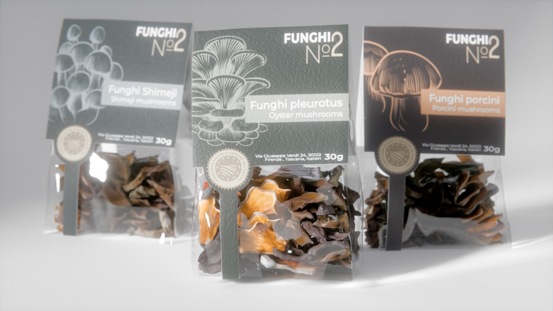 Three packets of dried mushrooms labeled Funghi No 2: Shimeji, Pleurotus, and Porcini mushrooms.