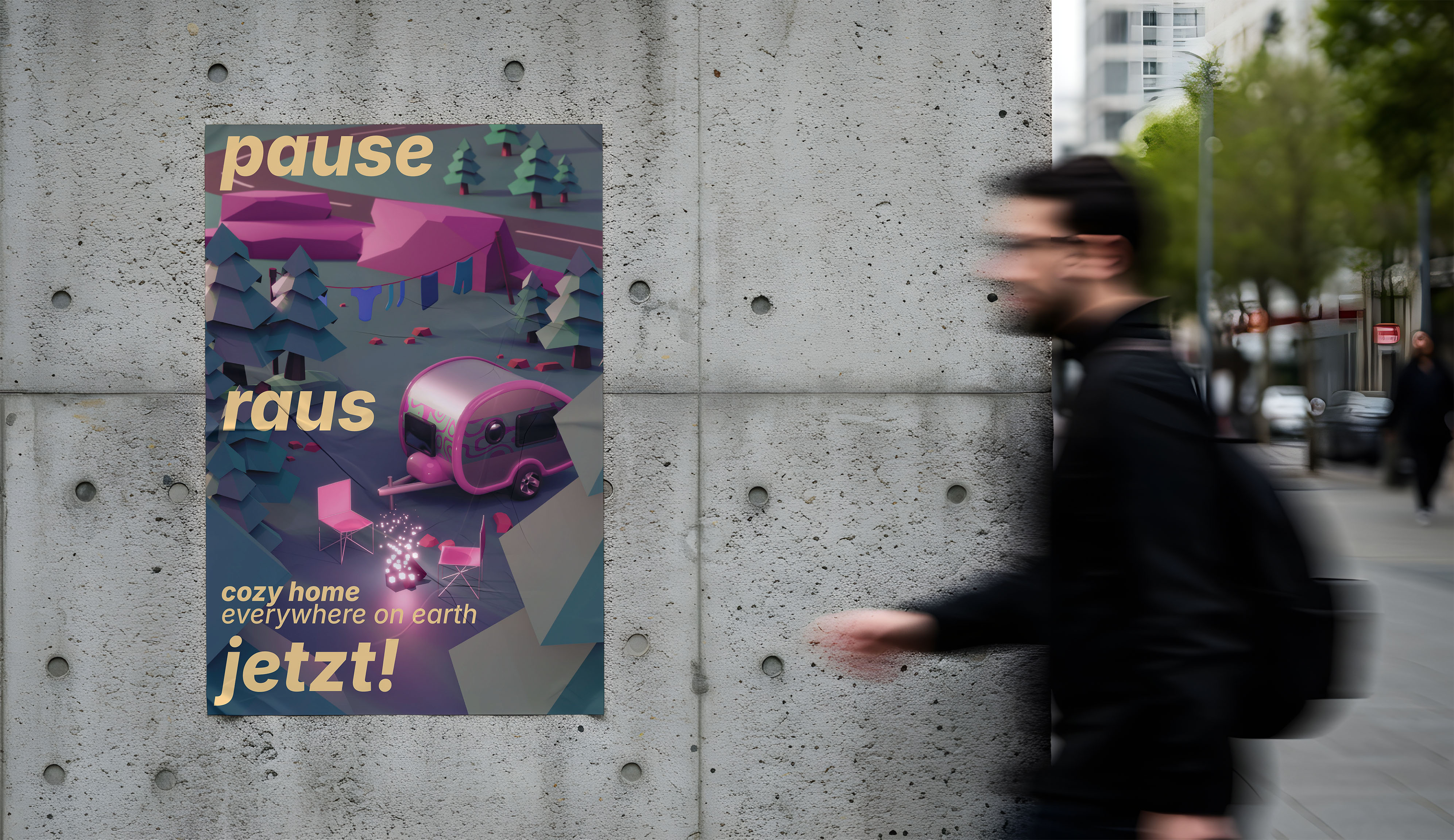 Colorful poster on concrete wall showing a purple camper trailer, pink chairs around a campfire, and stylized trees with text in German.