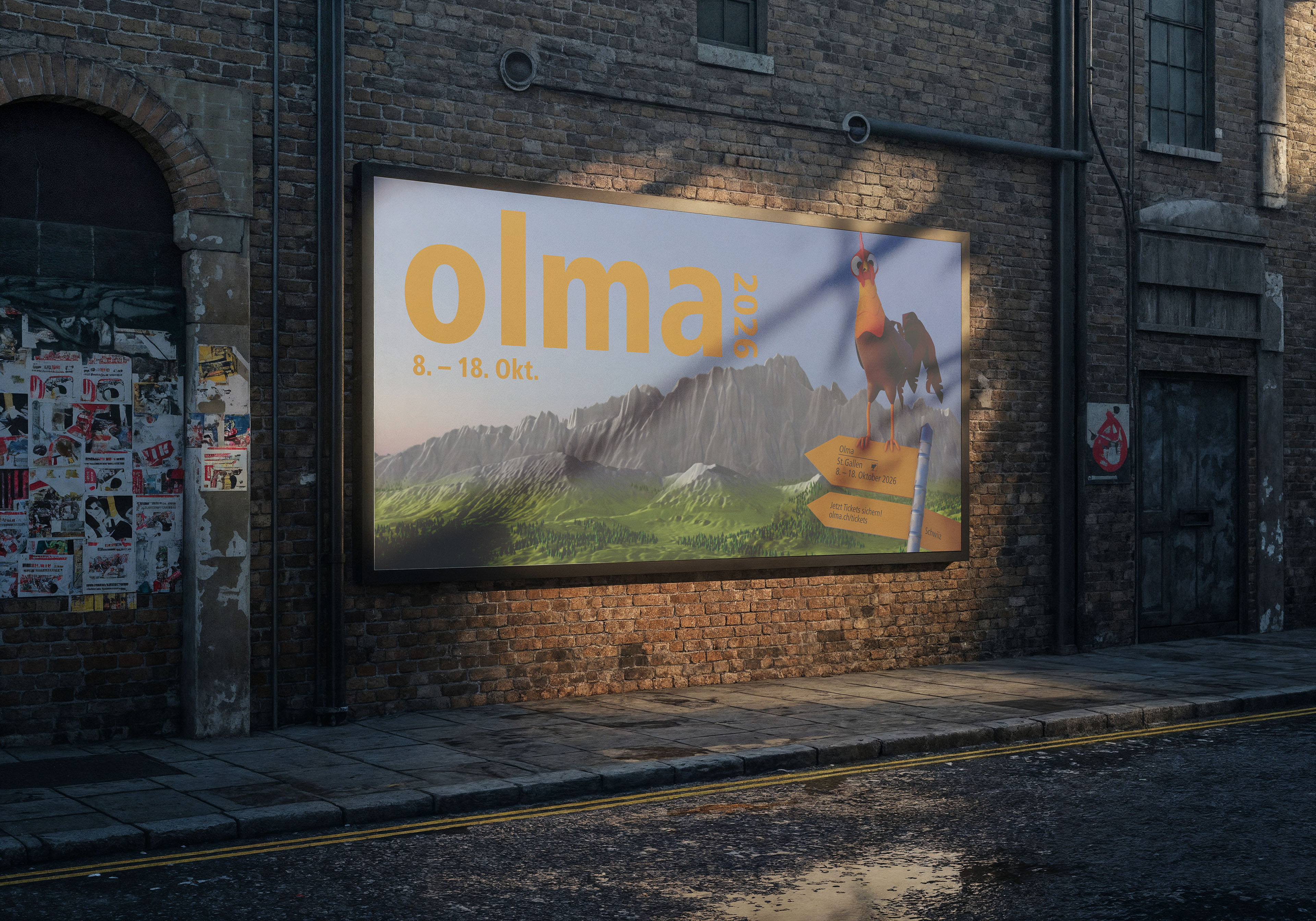 Street billboard advertising Olma 2026 event from October 8 to 18 with cartoon rooster and mountainous landscape.