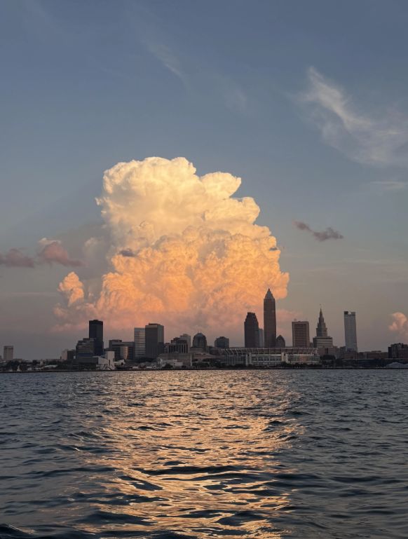 Towering cumulonimbus cloud over Cleveland, Ohio on a clear summer evening