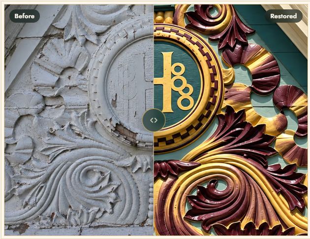 The Harris crest on Lake Cliff before and after restoration, a gold H and 1888 on deep green with burgundy and gold carving