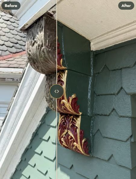 Carved acanthus bracket under the gable of Lake Cliff, stripped to bare wood and then painted burgundy and gold