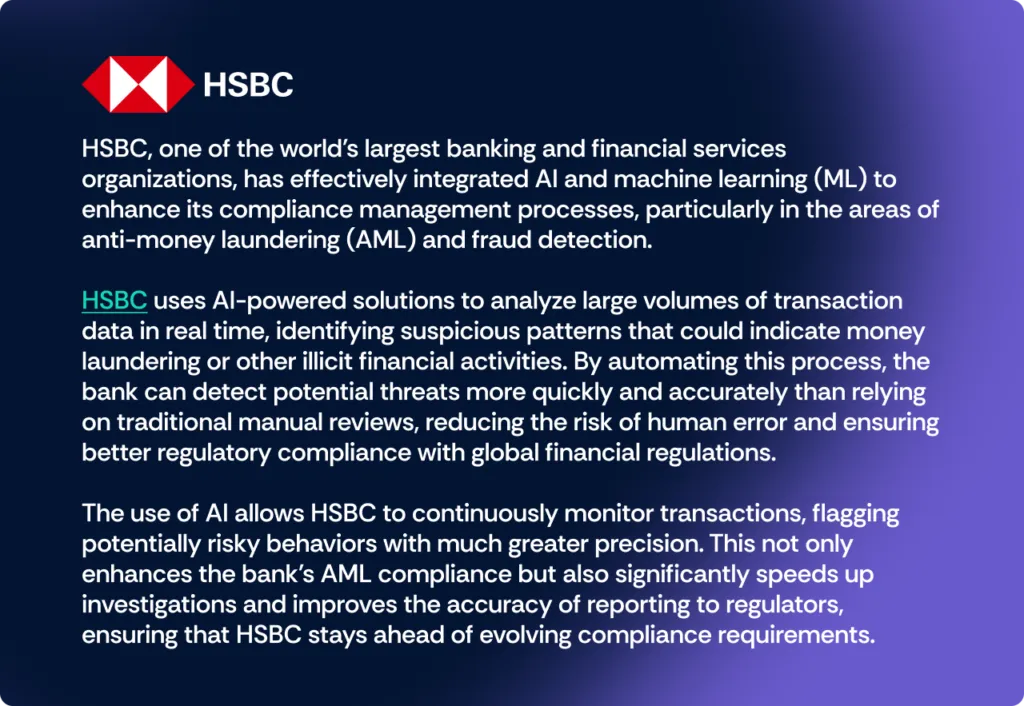 HSBC effectively integrated AI and machine learning (ML) to enhance its compliance management processes