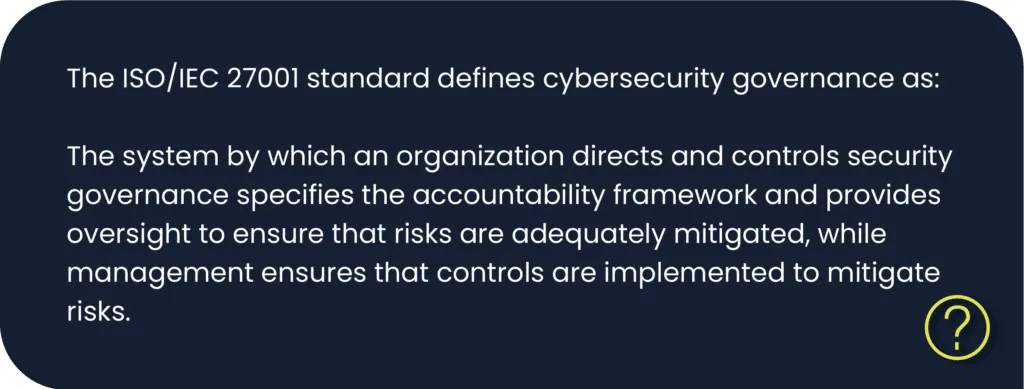 The ISO/IEC 27001 standard defines cybersecurity governance
